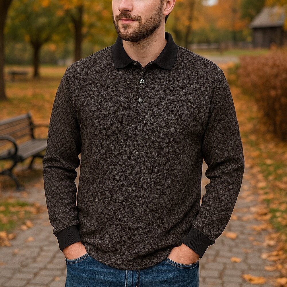 Marc Edwards Casual Geometric Brown &‎ Black Preppy Mens Large Long Sleeve Polo